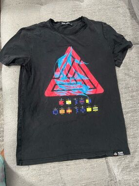 Black Pyramid Black Tee with Red Triangle & Blue Flame Graphic j36